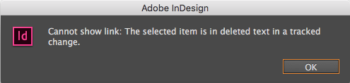InDesign error message deleted text