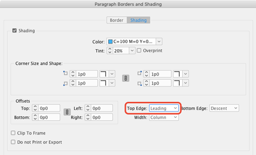 InDesign paragraph shading top alignment