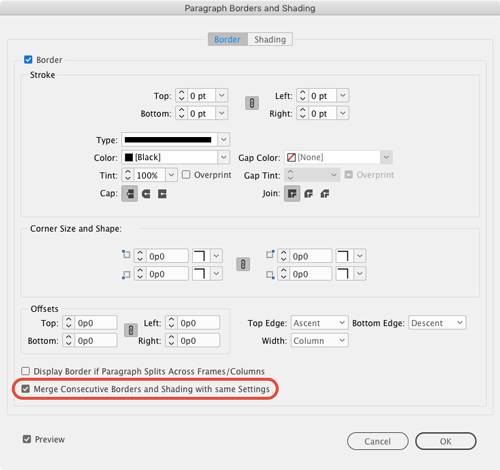 InDesign merge consecutive paragraph shading