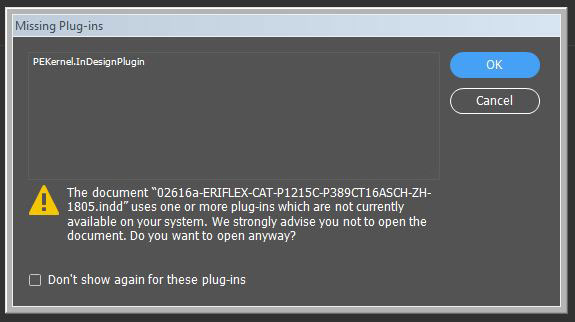 InDesign's Missing Plug-in alert dialog