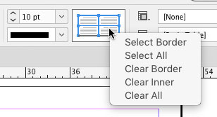 right clicking InDesign table stroke proxy in Control panel to select or clear table borders and strokes