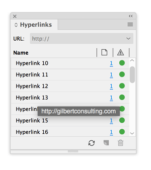 InDesign tooltip over Hyperlinks panel showing URL