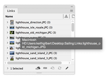 InDesign tooltip over Links panel showing file path