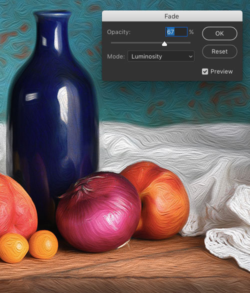 Reducing opacity of Photoshop filter and applying a blend mode with the Fade command