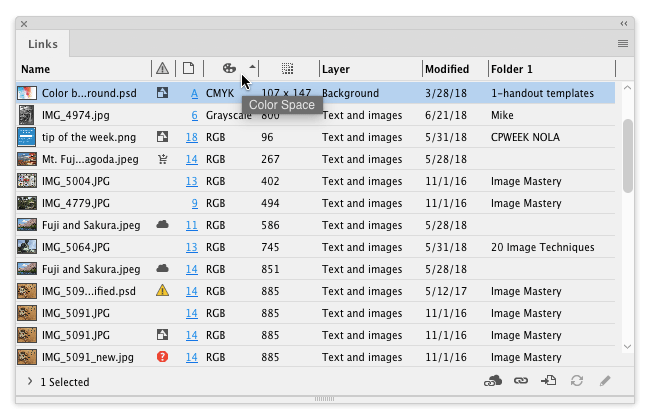 InDesign Links panel sorting links by color space