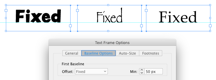 examples of InDesign Text Frame Options Fixed First Baseline with Offset of 50px