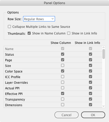 InDesign Links panel options