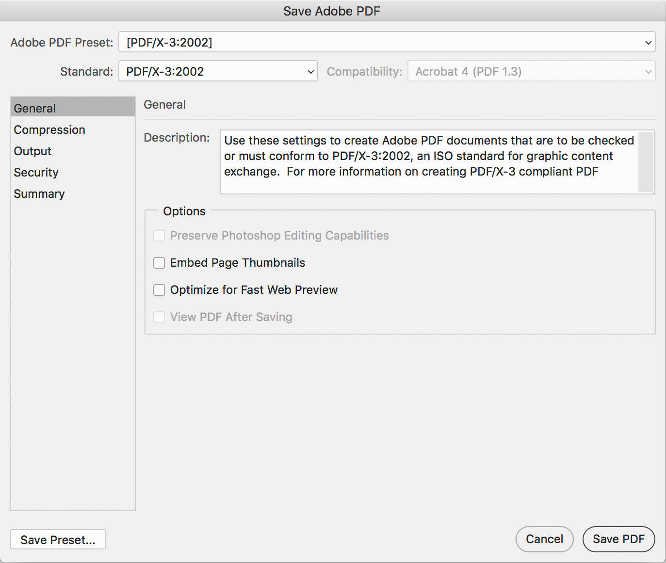 Photoshop PDF dialog box