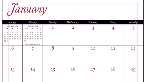 January calendar page in Adobe InDesign