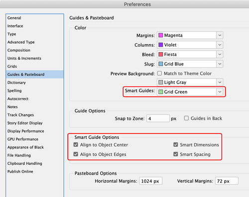 InDesign Smart Guides preferences