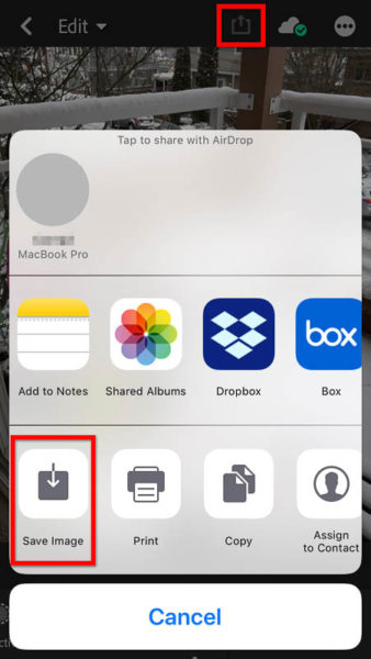 iOS share sheet used to export an edited image from Lightroom CC
