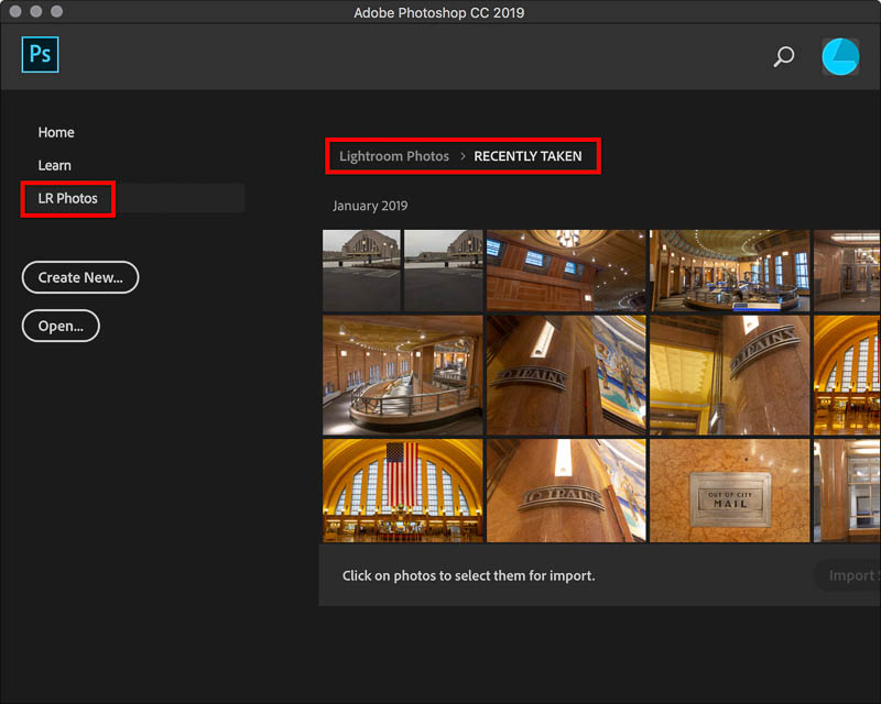 Photoshop home screen access to Lightroom Photos cloud storage