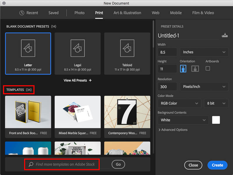 Adobe Stock template access in the New Document dialog box in Photoshop