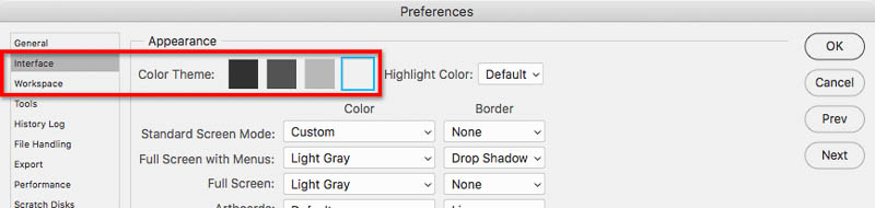Interface Color Theme setting in Photoshop preferences