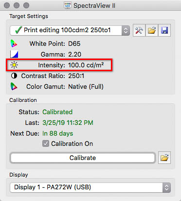 Calibration software set to a specific luminance level