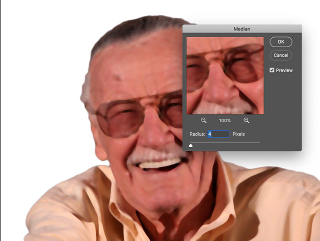 Headshot of Stan Lee with Photoshop Median window