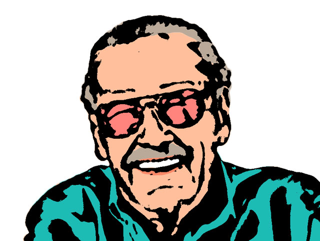 Slightly grainy, colored Photoshop cartoon of Stan Lee