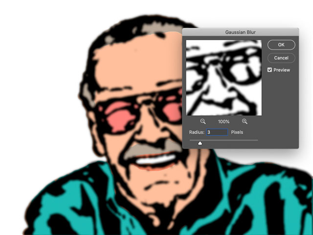 Softened Photoshop cartoon of Stan Lee with Gaussian Blur window