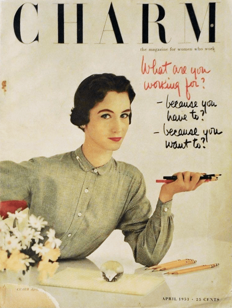 Charm magazine cover with woman holding pencils and handlettering