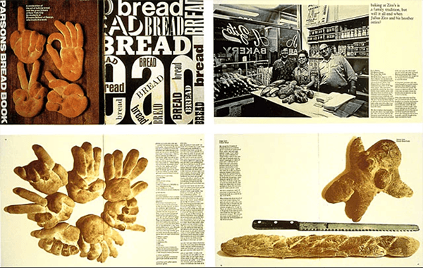 Covers and interiors of book including photos of bread shaped like hands and people