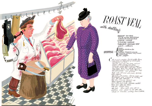 Handlettered recipe for roast veal with stuffing and drawing of woman in a purple dress buying meat from a butcher