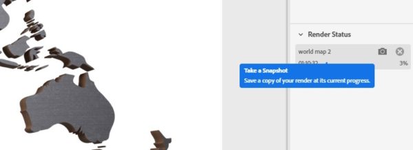 The "Snapshot" tooltip in Adobe Dimension's render panel