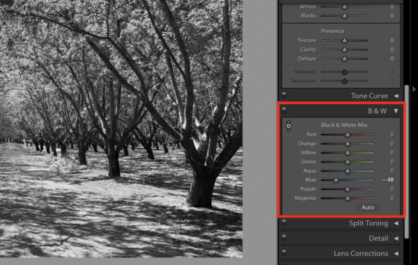 The B & W panel in Lightroom Classic, showing sliders for the various color hues.
