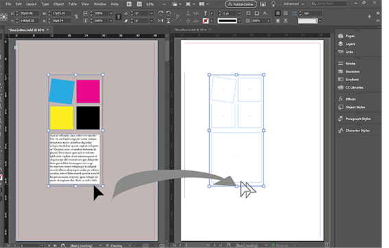 Drag objects into the other document