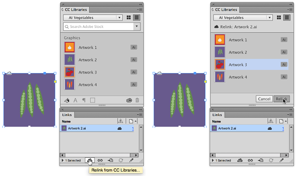 Figure 11: To relink a graphic to another CC library graphic in the Links panel, click the Relink From CC Libraries icon. Then, in the CC Libraries panel, select the replacement graphic.