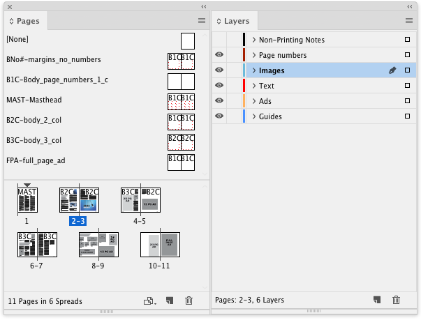 InDesign page designs layers panel