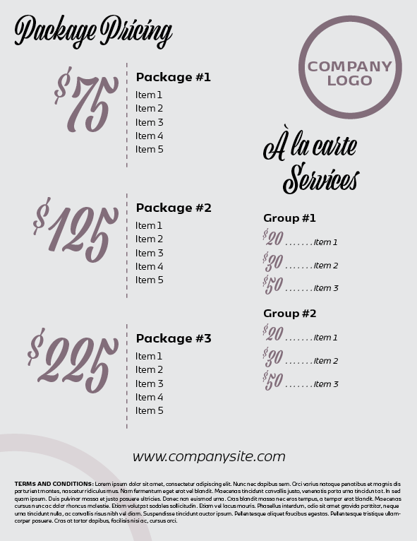 InDesign price list and order form template package pricing