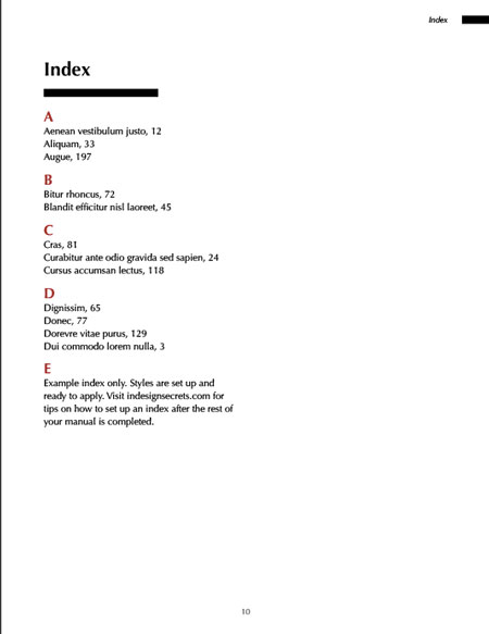 InDesign technical manual template index