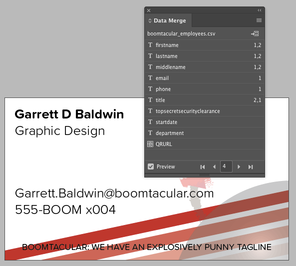 InDesign data merge panel preview