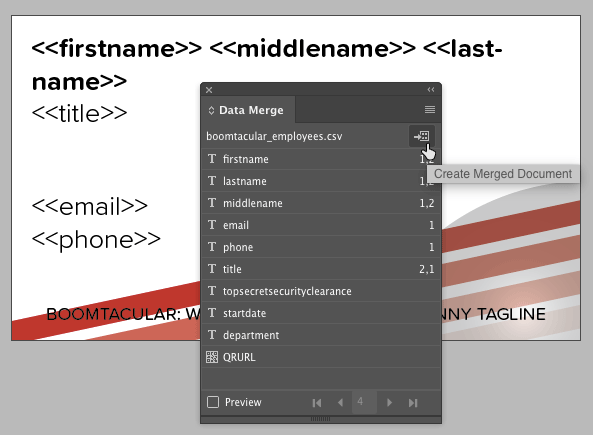 InDesign data merge panel create merged document