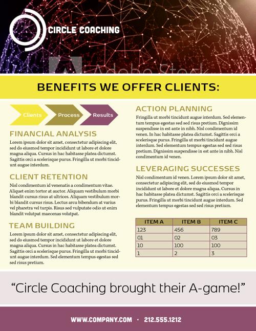 InDesign company data sheet template benefits page