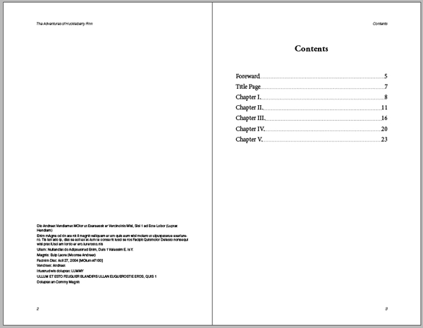 InDesign novel template table of contents