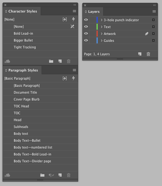 InDesign character styles paragraph styles layers panel