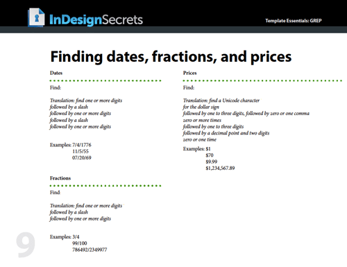 InDesign grep instructions finding dates fractions and prices