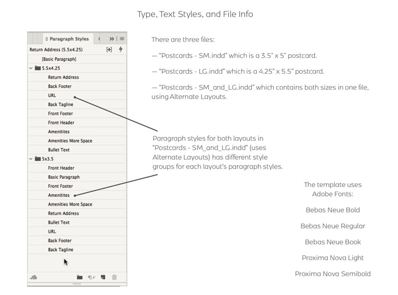InDesign type text styles and file info