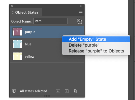 InDesign Object States panel showing right-click context menu choice for adding an Empty state to a multi-state object (MSO)