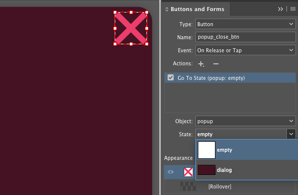 Creating a close button for a pop-up with the Go To State action in the InDesign Buttons and Forms panel