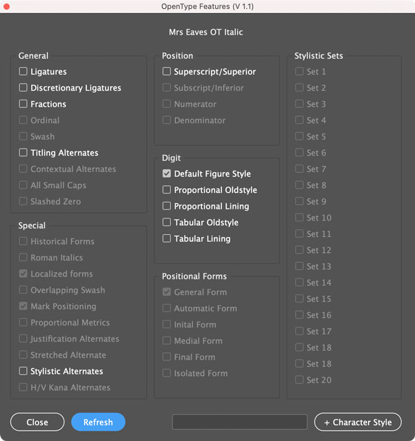 The OpenType Features script dialog