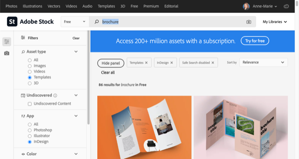 Interface for Adobe Stock home page with search of "brochure"