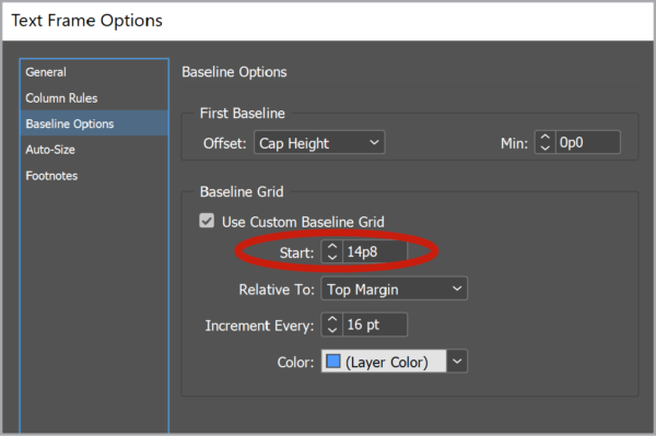 InDesign Text Frame Options dialog showing Custom Baseline Grid set to start at 14p8