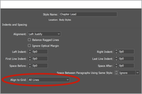 InDesign Paragraph Style Indents and Spacing section shows Align to Grid set to "All lines"