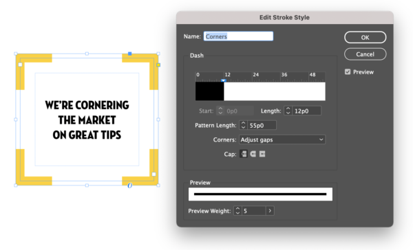 InDesign Edit Stroke Style dialog shows stroke Corners with length 12p0, pattern length 55p0, corners set to adjust gaps.