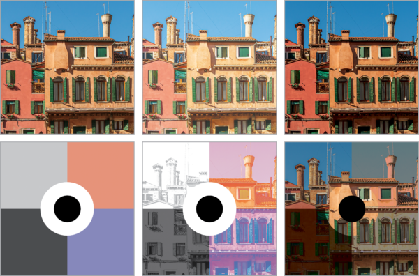 Six versions of the same photo of a building and blue sky illustrating various InDesign effects