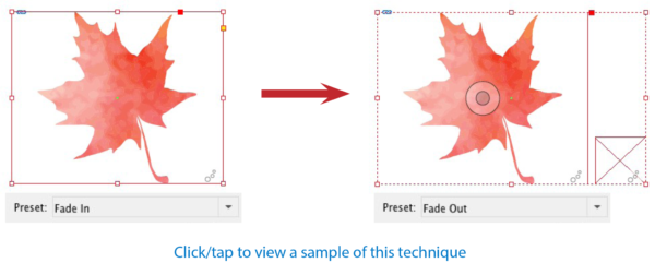 Screen shots of an animation of a maple leaf, with presets Fade In and Fade Out applied