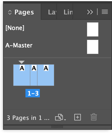 Pages panel showing one spread with three pages of varying widths