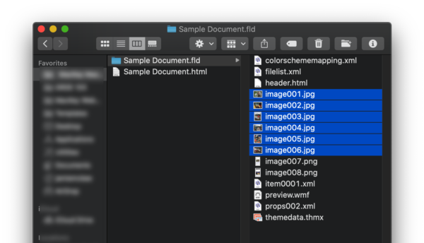 A folder in the Mac Finder "Sample Document.fld" opened with multiple JPEG files selected